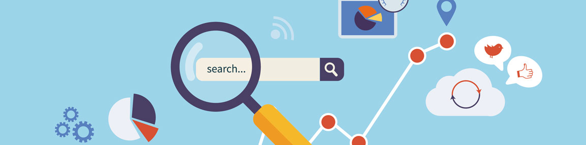 Animated graphic of a magnifying glass over a search bar.