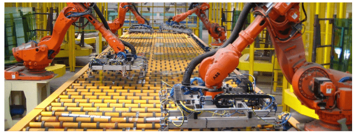 Robots automating the factory workline.