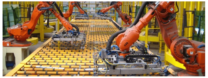 Robots automating the factory workline.