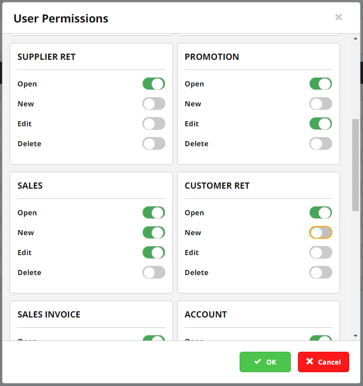 User permissions screen in cloud erp opening balances.