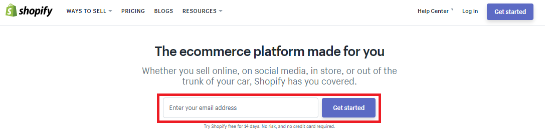 Shopify homepage screenshot highlighting the get started email box