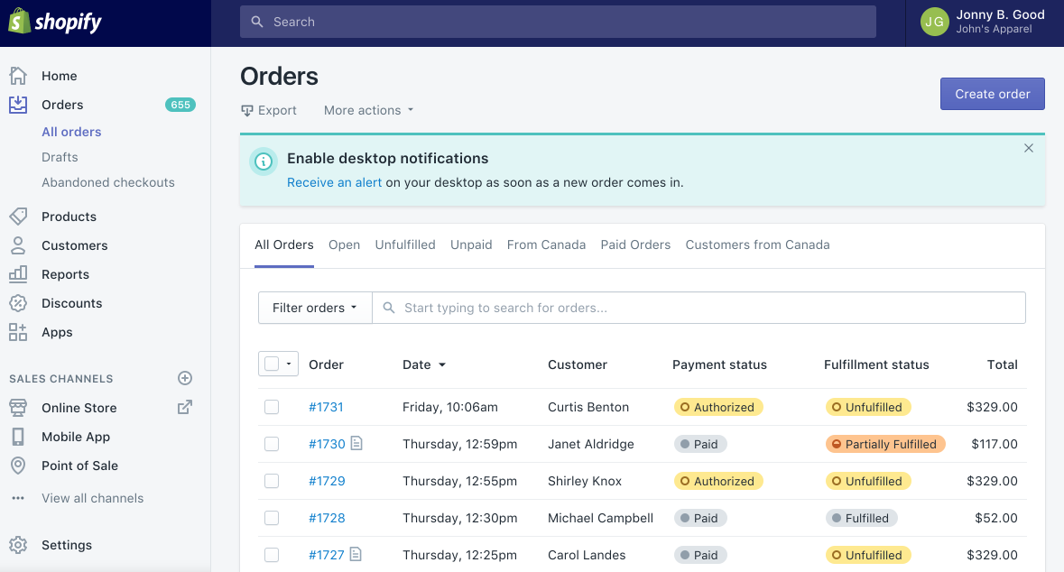 Shopify admin Orders screenshot