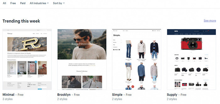 A screenshot of the Shopify theme store showing the popular themes