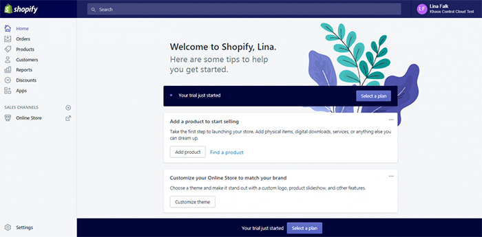 Shopify dashboard and welcome screen