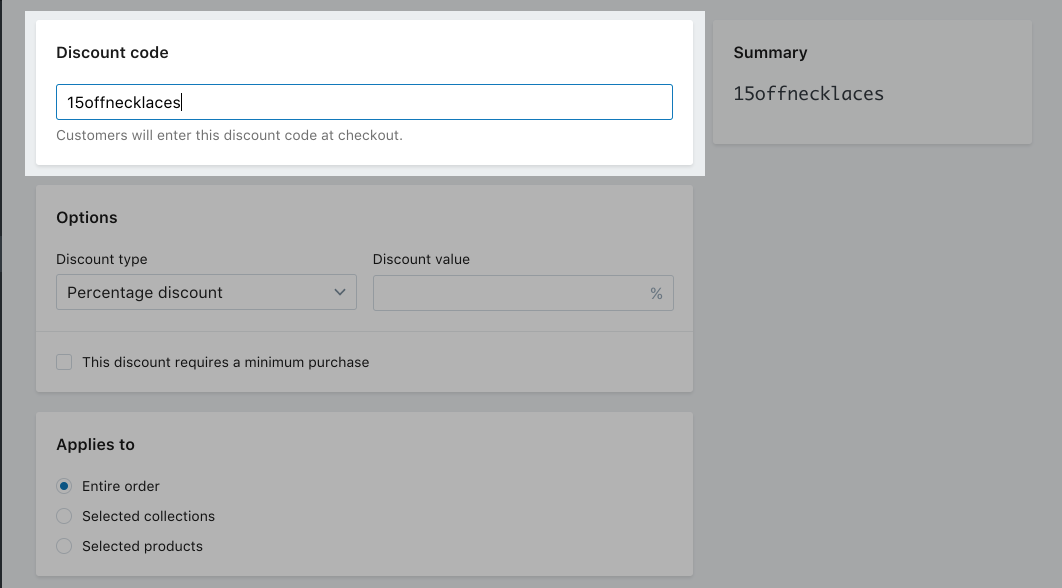 A screenshot of the Shopify discount code creation screen