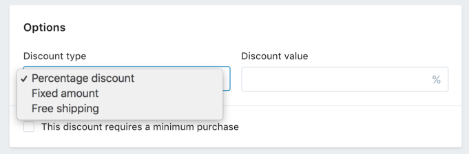 A screenshot showing the options for discount types for Shopify discount codes