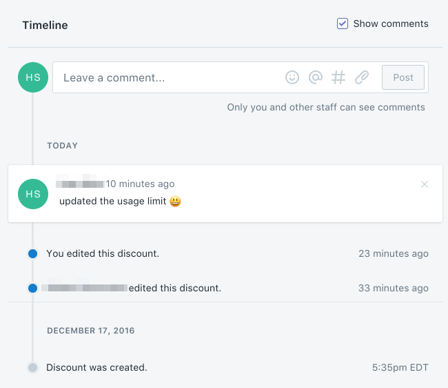 A screenshot showing the Shopify timeline screen for a discount code with a comment about what was changed