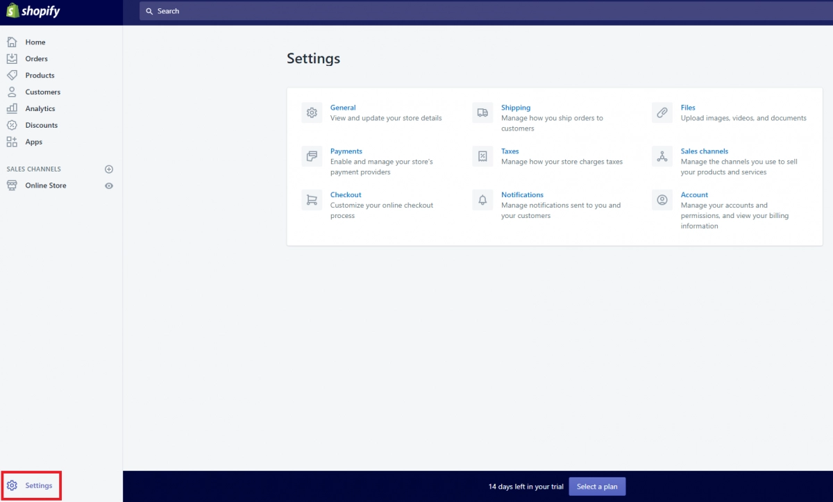 settings within the shopify dashboard