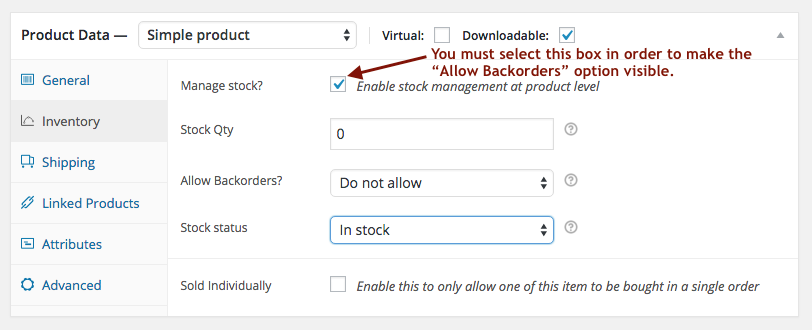 A screenshot showing how to enable backorders in WooCommerce