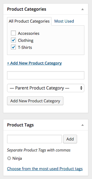 A screenshot of the product category options in WooCommerce