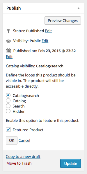 A screenshot of product publishing options in WooCommerce