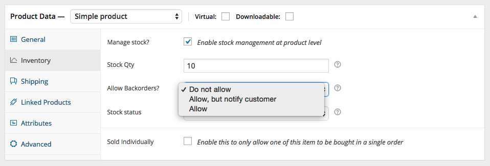 A screenshot of some of the Inventory options for products in WooCommerce