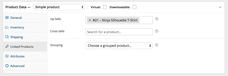 A screenshot of some of the Linked Product options for products in WooCommerce