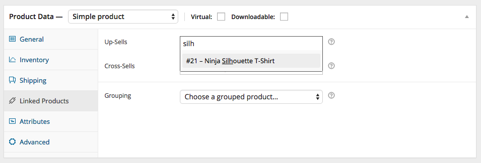 A screenshot of some of the Linked Product options for products in WooCommerce