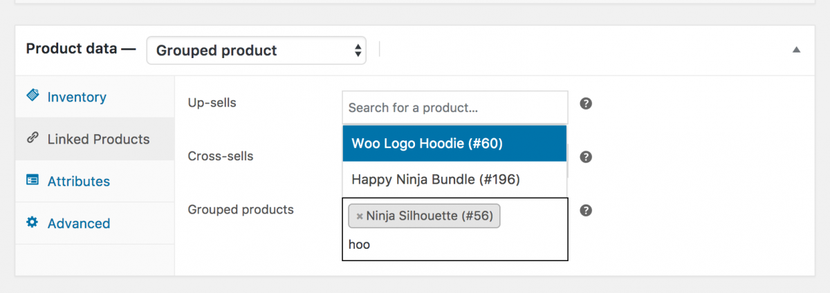 A screenshot of adding a grouped product in WooCommerce