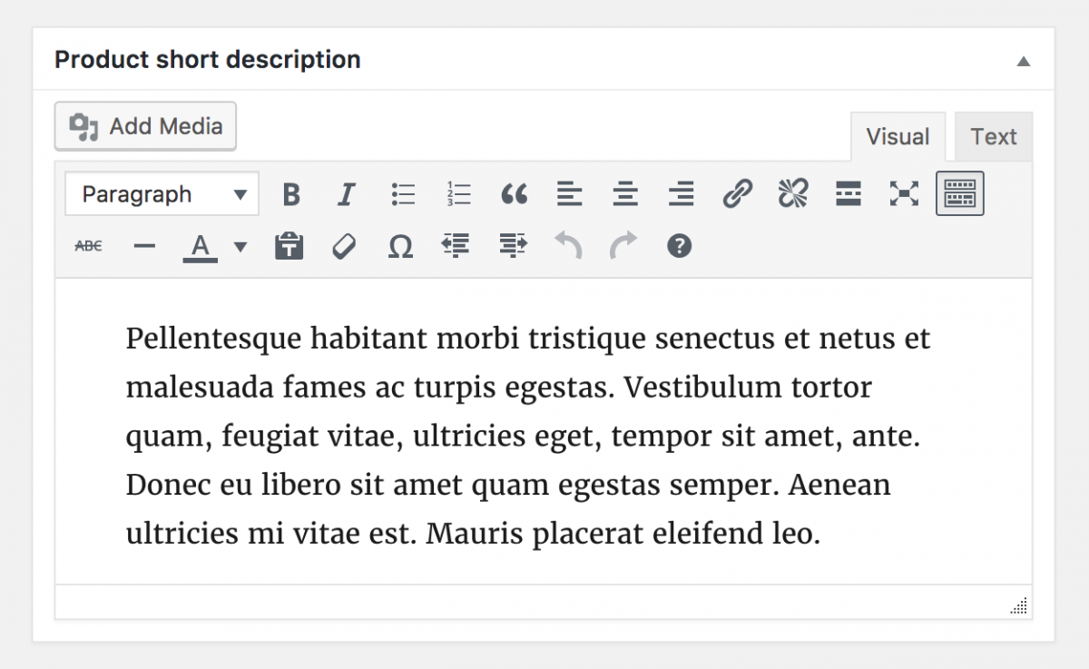 A screenshot of the product short description editor in WooCommerce