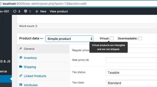 A screenshot of adding a Virtual Product in WooCommerce