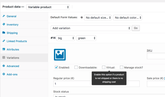 A screenshot of setting up virtual variations in WooCommerce