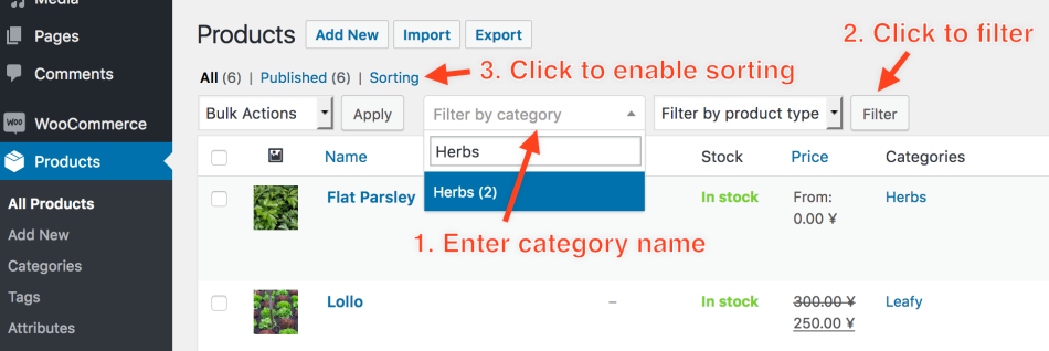 A screenshot showing how to manually sort products in a category, in WooCommerce