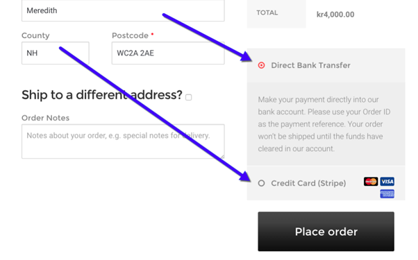 Arrows showing the selection of WooCommerce payment gateways within the checkout, based on location