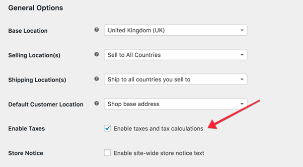 A screenshot of WooCommerce's settings page for setting up taxes. An arrow points to the checkbox needing to be enabled to ensure tax is calculated based on location