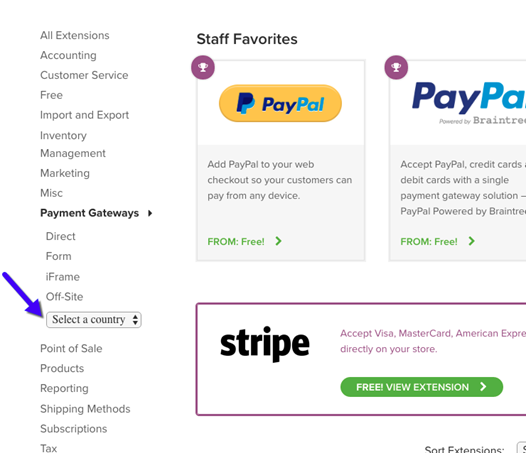 A screenshot of payment gateways and an arrow pointing to the country selection box