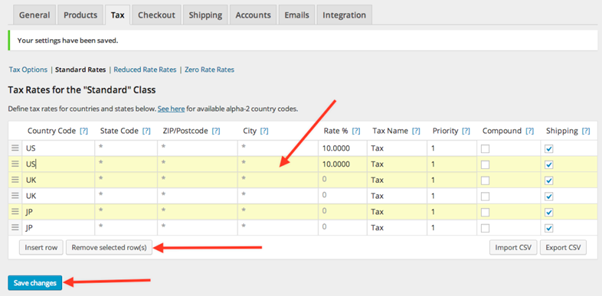 A screenshot of how to remove taxes from WooCommerce, with an arrow pointing to the selected rows and the remove selected button 