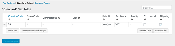 A screenshot showing WooCommerce's tax screen with an example line of 20% being added to all locations and all products.