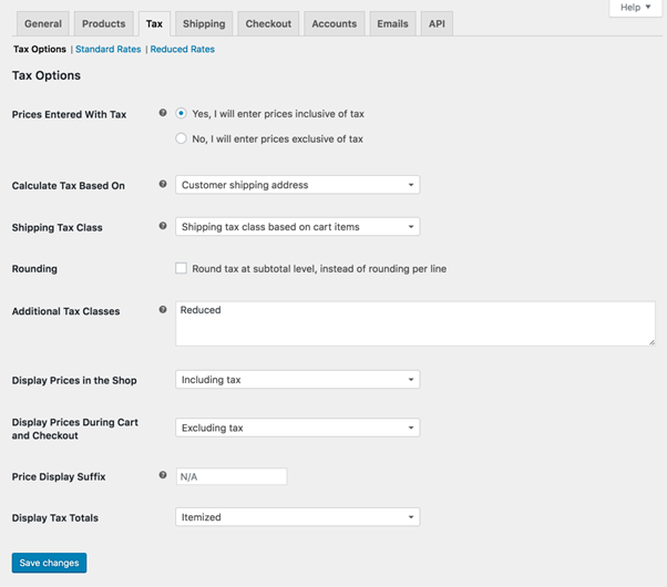 WooCommerce screenshot showing the configurable options for taxes