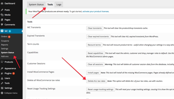 An image of WooCommerce delete all taxes setting from within the WooCommerce tab