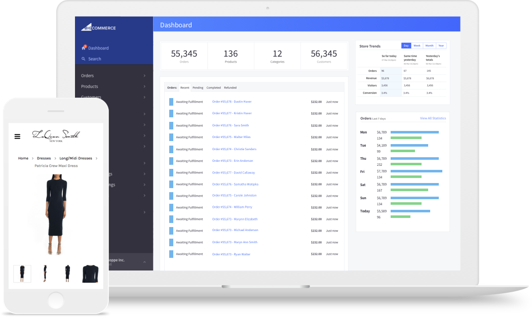 A laptop displaying the BigCommerce dashboard and a mobile phone displaying a website product page