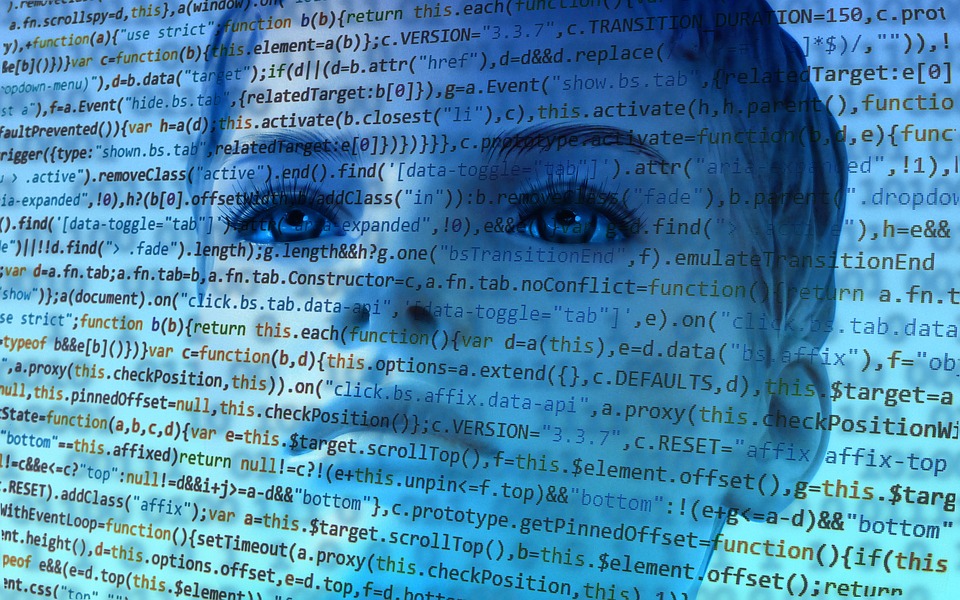 Face with lines of code laid over the top