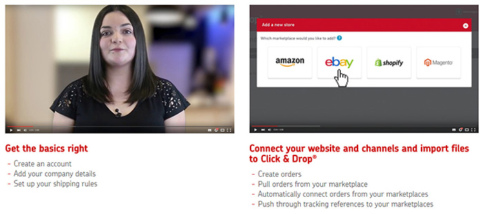 A screenshot of two videos with text below them outlining the first two steps in setting up click and drop 