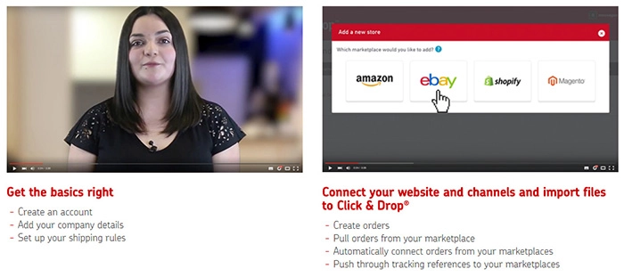 A screenshot of two videos with text below them outlining the first two steps in setting up click and drop