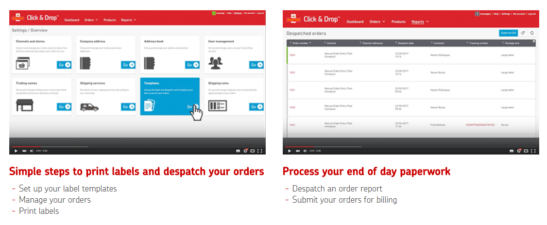 A screenshot of two videos with text below them outlining the last two steps in setting up click and drop 