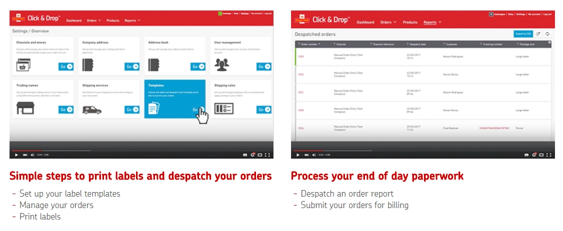 A screenshot of two videos with text below them outlining the last two steps in setting up click and drop