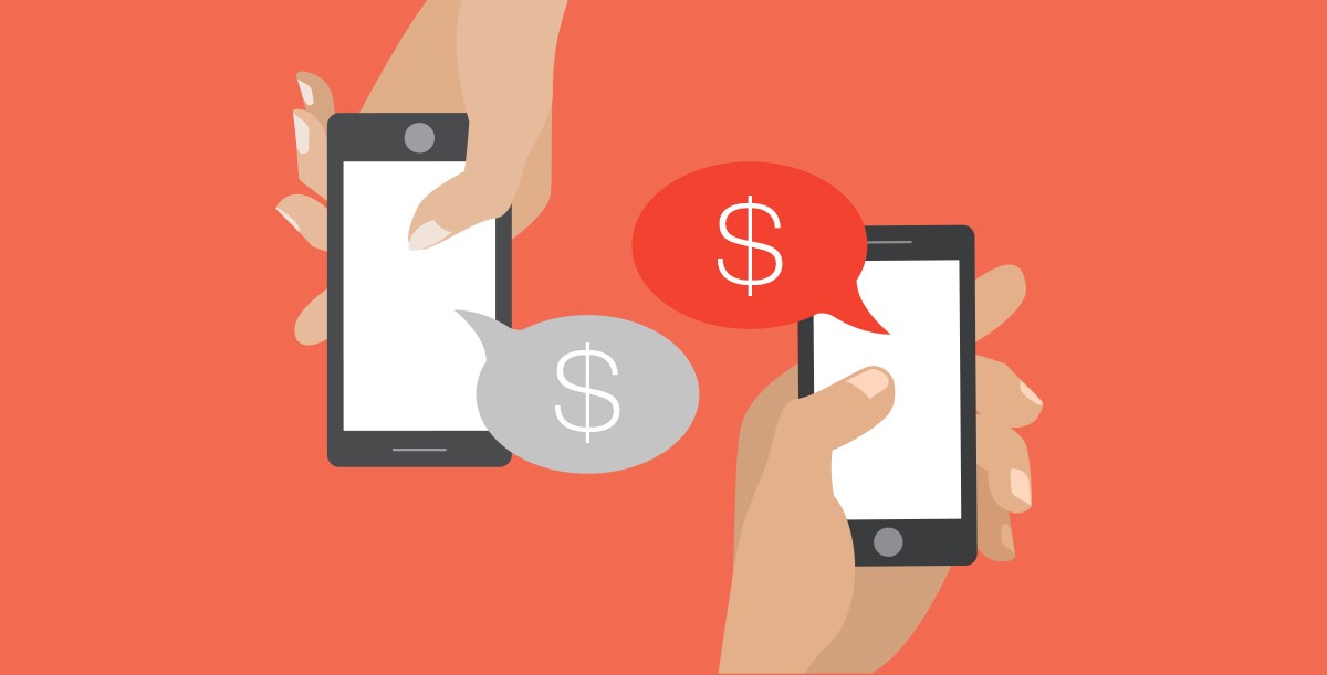 Illustration of two hands holding phones with chat bubbles containing dollar signs