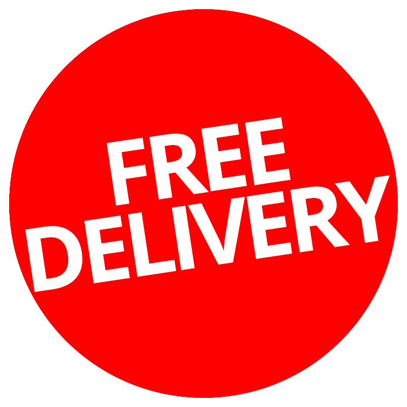 Red circle with the text free delivery