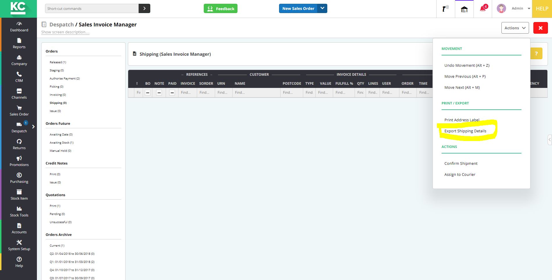 A menu is open within Sales Invoice Manager to show the export of shipping details within the Khaos Control Cloud UI