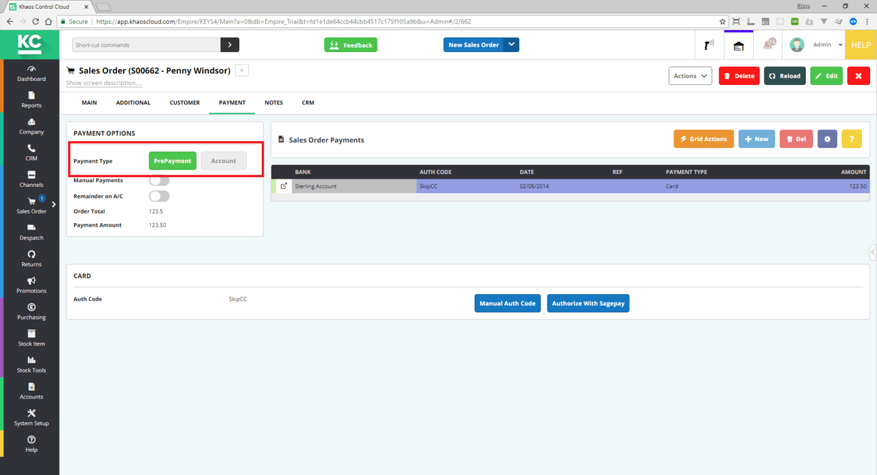 A screenshot showing prepayment being selected for a sales order, with new buttons to display the payment method type in Khaos Control Cloud