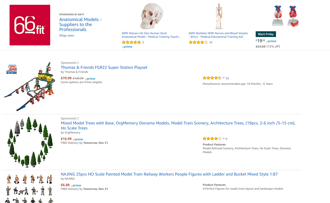 A screenshot showing a number of model train products on Amazon