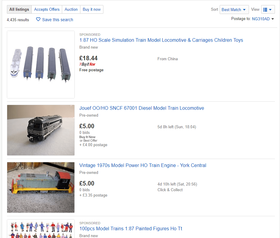 A screenshot showing a number of model train products on eBay