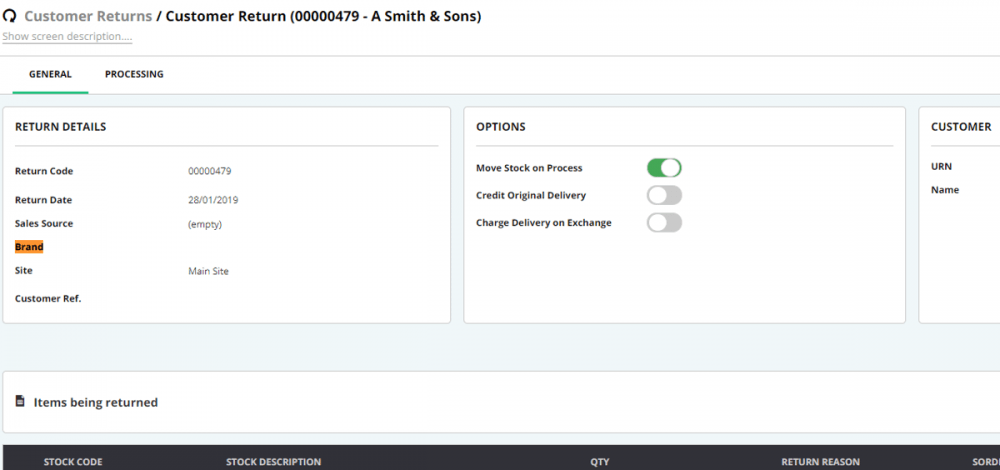 Screenshot showing the returns detail screen with branding options