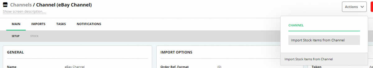 A screenshot showing the stock import option for an eBay channel