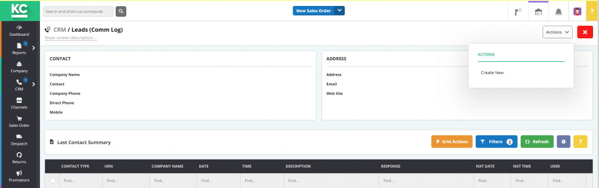 A screenshot of the comm log screen for leads in Khaos Control Cloud