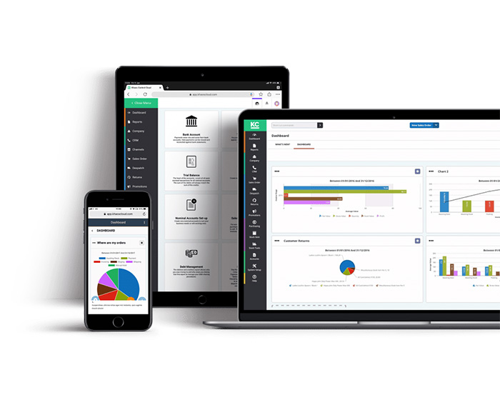 Khaos Control Cloud's dashboard screen being showed on multiple devices; mobile, tablet, laptop