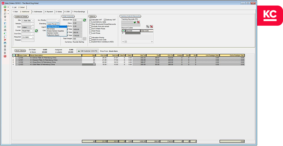 Branding options being shown in Khaos Control against the Sales Order