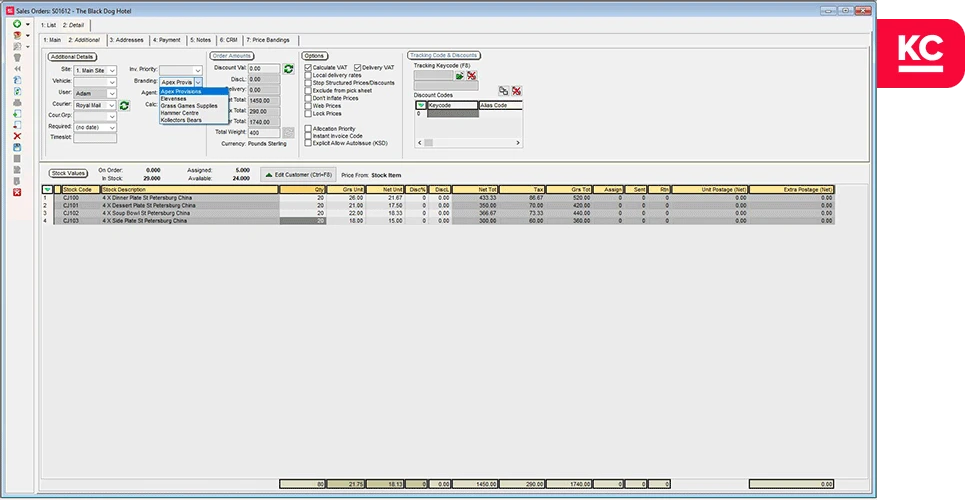 Branding options being shown in Khaos Control against the Sales Order
