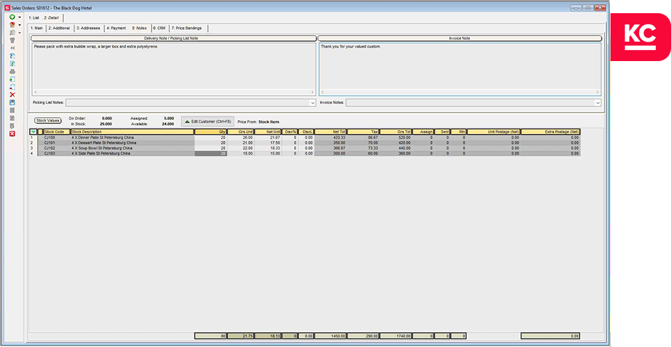 Order notes being entered against a Sales Order in Khaos Control