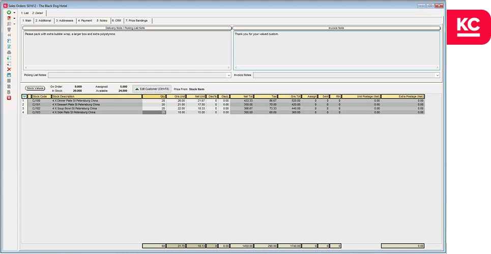 Order notes being entered against a Sales Order in Khaos Control